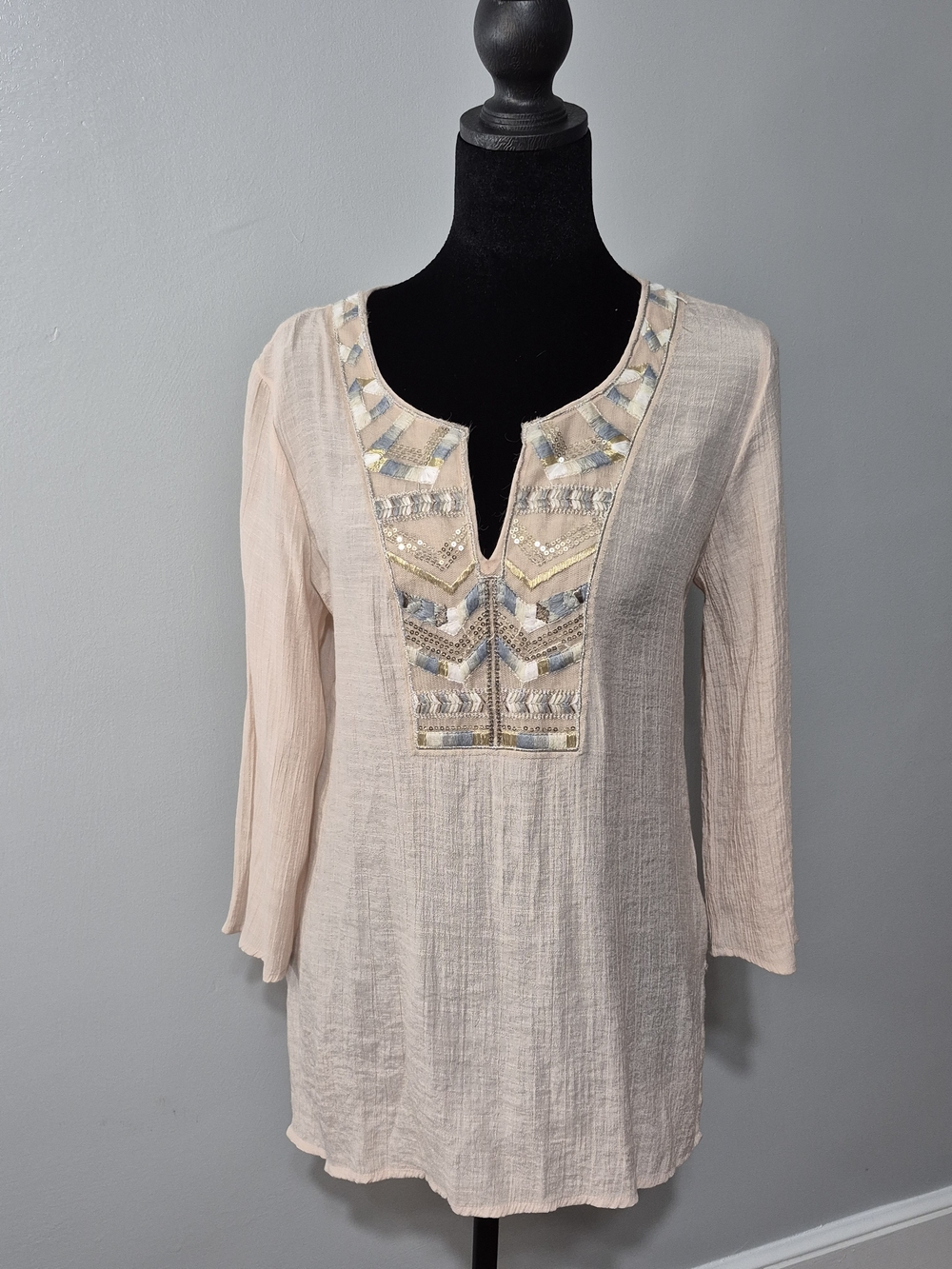 Spense Embellished Boho Tunic Top Beige Gauze Blouse Medium